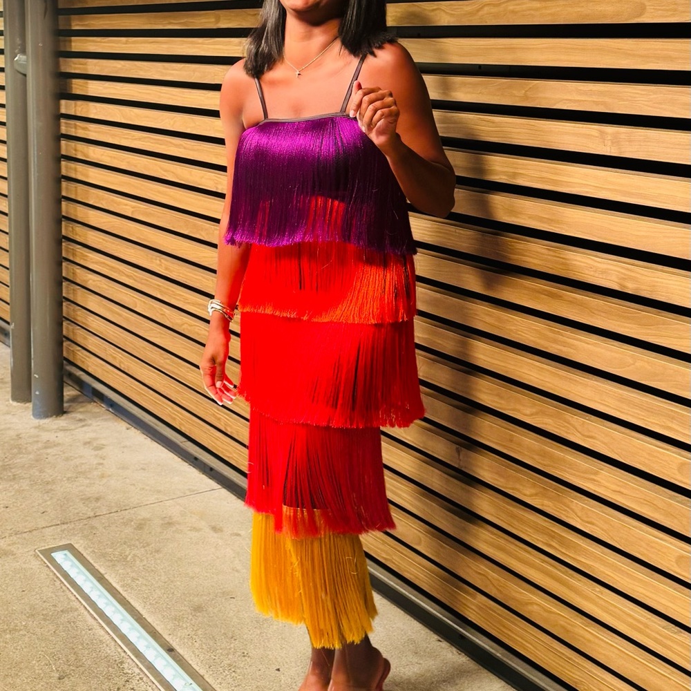 The AKIRA Label When In Europe Tiered Fringe Midi Dress- SMALL - Picture 2 of 3